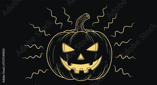 A spooky carved pumpkin glowing with an eerie light on a dark night for Halloween.