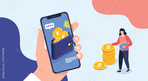 Digital wallet app displaying cash and coins on a smartphone screen with a person holding money.