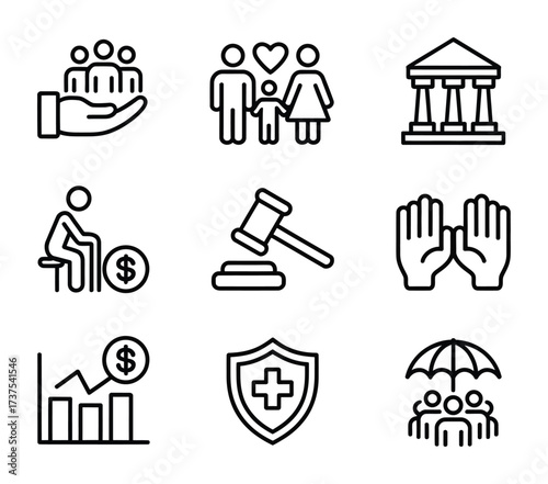 Law and justice icon set with legal, family, and protection symbols