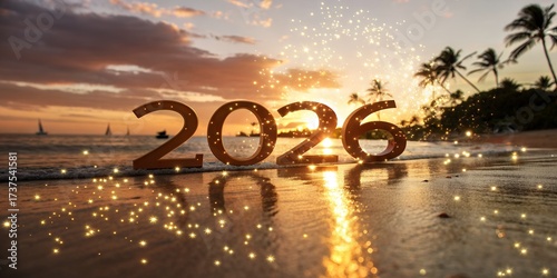 Tropical beach sunset with 2026 text