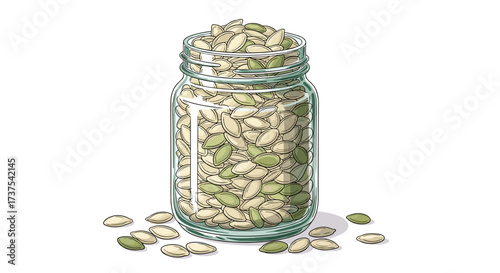 Glass jar filled with pumpkin seeds in hand-drawn illustration style