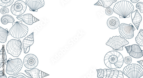 Abstract pattern of seashells and marine life forms.