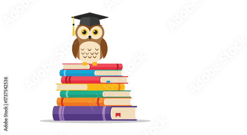 A wise owl wearing a graduation cap perched atop a stack of colorful books.