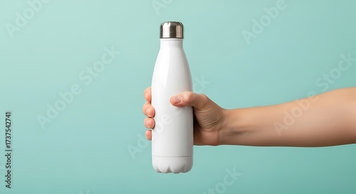 Hand holding a white reusable water bottle against a teal background