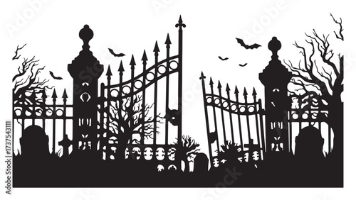 Halloween Cemetery Gate Silhouette with Bats and Bare Trees