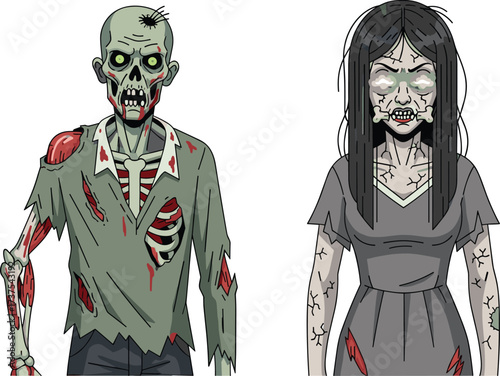 Cartoon zombie couple, scary undead monsters, creepy horror illustration, spooky Halloween characters, evil skeleton design, bloody walking dead, nightmare apocalypse artwork