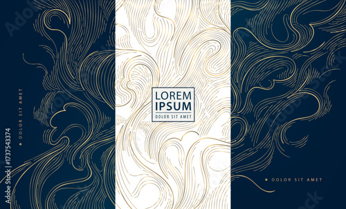 Abstract vector background, golden contour lines, wavy patterns, organic textures, topography, sea, mountain landscapes. Elegant luxury design for wine labels, banners, templates