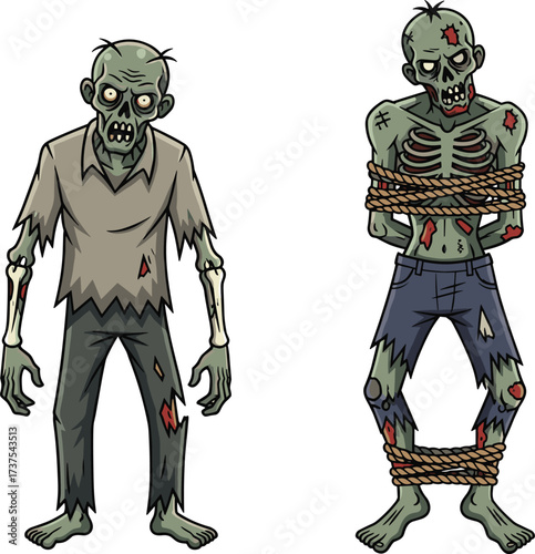 Scary cartoon zombie character, creepy undead monster illustration, tied with rope, spooky horror artwork, Halloween design, apocalypse creature, haunted scary undead drawing
