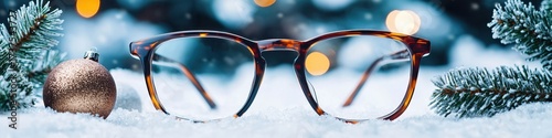 Trendy Eyeglasses on Snow with Christmas Decorations