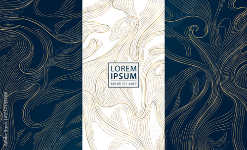 Abstract vector background, golden contour lines, wavy patterns, organic textures, topography, sea, mountain landscapes. Elegant luxury design for wine labels, banners, templates