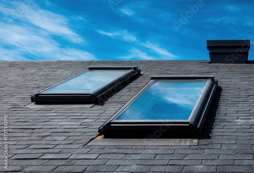 Low-angle shot of a slate roof with two skylights & a chimney against a bright blue sky