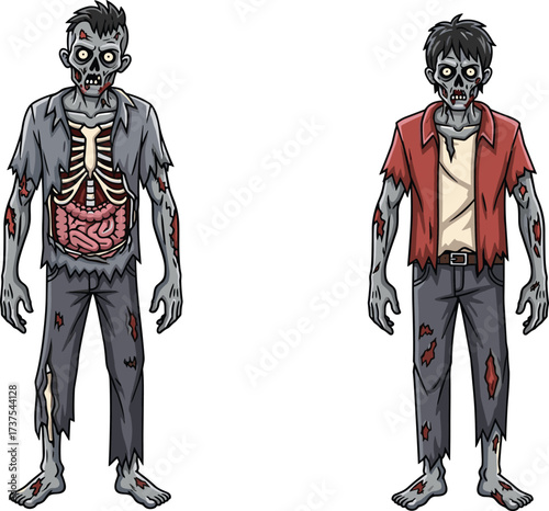 Scary cartoon zombies illustration, creepy undead characters, horror monster design, spooky Halloween artwork, evil creatures with exposed bones and intestines, vector drawing