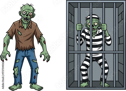 Cartoon zombie prisoner behind jail bars, creepy undead monster illustration, scary horror character artwork, spooky walking dead design, Halloween haunted creature