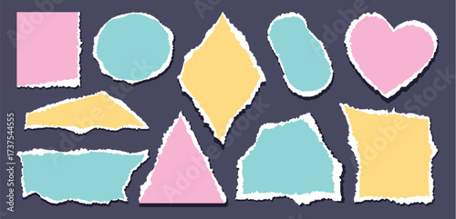 Ripped color paper pieces set isolated on black background. Vector realistic illustration of heart, triangle, rhombus shape notes, torn edges of color notebook page, patches for vintage collage design