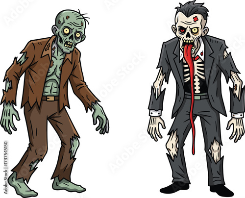 Scary cartoon zombies illustration, undead monster characters, creepy horror artwork, spooky Halloween design, decayed creatures in tattered clothes, isolated vector