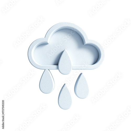 A light-grey, three-dimensional cloud icon with three raindrops falling beneath it, isolated on a black background
