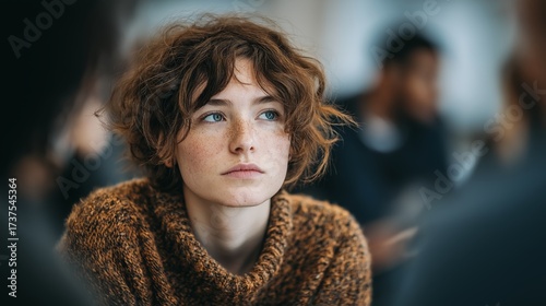 close up face of sad woman sitting with other people engaged in open and supportive conversation.