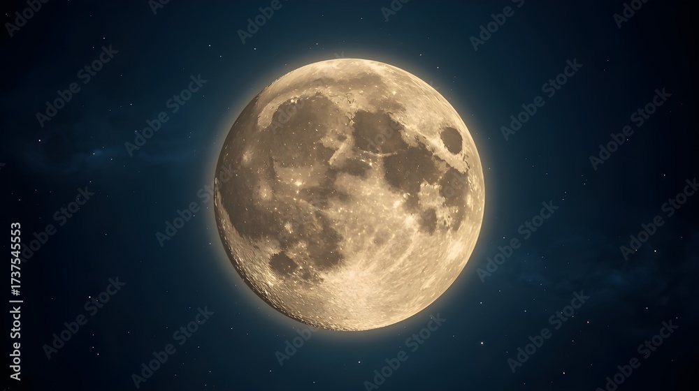 Naklejka premium A realistic full moon glowing brightly in the night sky, showcasing detailed craters and textures on its surface.