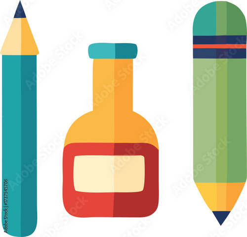 Artistic supplies ink bottle and pencils flat design for creative projects and educational content creation for artists and students