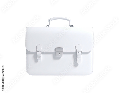 A clean, white briefcase with a handle, buckles, and clasp against a black backdrop