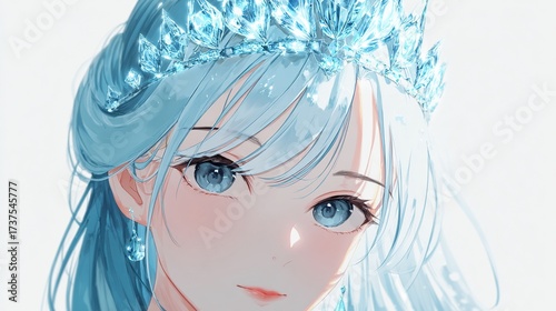 An anime-style portrait of a woman with long, light-blue hair, blue eyes, and a crystalline crown