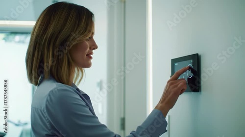 Confident young caucasian woman in light blue blouse adjusts smart thermostat in bright minimalist modern smart home interior, conveying effortless control. Smart home living
