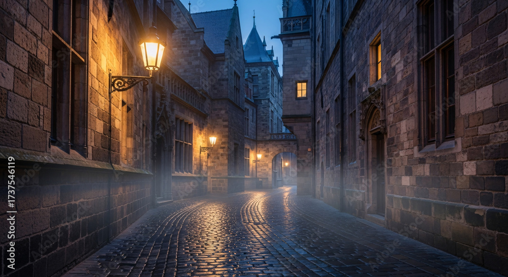 Fototapeta premium Wet cobblestone alley winding between medieval buildings, glowing streetlamps and soft fog at blue hour 