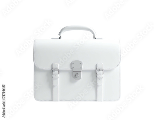 Solid, white briefcase on black background, with handle, buckles, and clasp