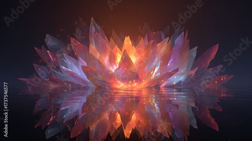 Glowing, crystal-like floral structure, reflecting in tranquil water, surrounded by dark, blurred background