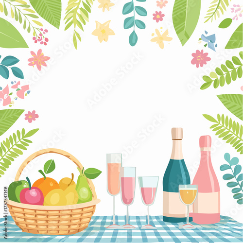 basket with fruits and juice picnic chamoagne