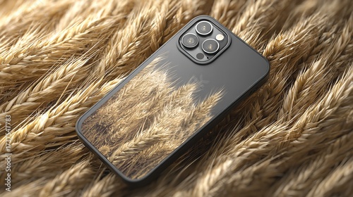 A modern phone encased in a field of golden wheat embracing nature and technology with soft focused macro lens and