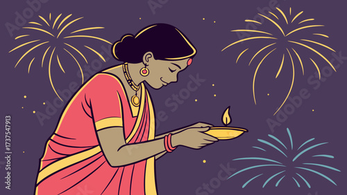 Joyful Indian Woman in Sari Holding Diya, Celebrating Diwali Festival of Lights with Festive Fireworks Illustration