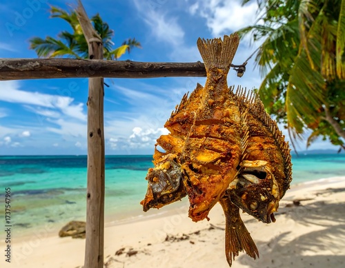 Grilled Fish on Tropical Beach.