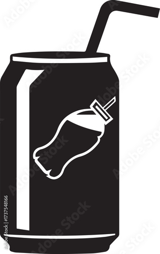 Black and white illustration of a soda can with a straw, isolated on white background