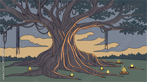 Mystical Ancient Tree with Glowing Roots and Spiritual Lanterns at Twilight - Serene Vector Illustration