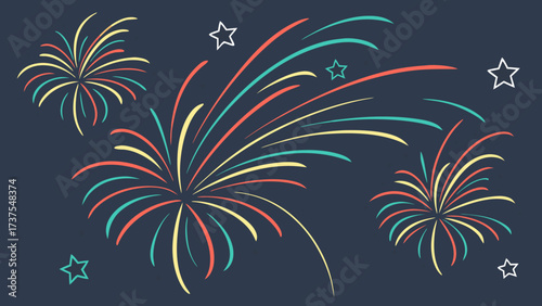 Colorful Stylized Fireworks and Stars on Dark Sky Background - Festive Celebration Vector Illustration for Events and Holidays