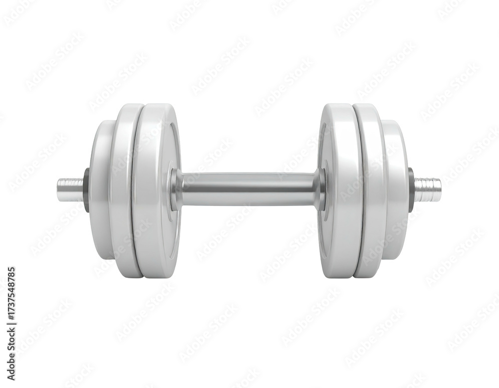 Naklejka premium A shiny, silver dumbbell, composed of plates and a central bar
