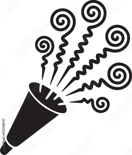 Festive party popper silhouette celebrating new year's eve with spiraling confetti and streamers