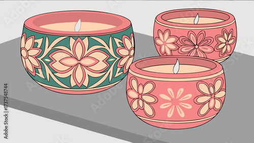 Set of Decorative Scented Candles with Intricate Floral and Geometric Patterns in Pink and Teal, Vector Illustration for Home Decor and Relaxation