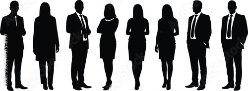 Group of business professionals, male and female silhouette team, standing in formal office wear, corporate people concept on white background, teamwork symbol, isolated vector
