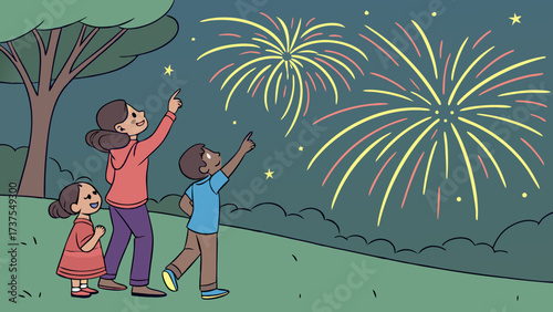 Joyful Family Watching Dazzling Fireworks Display at Night; Mother and Children Enjoying Festive Celebration Outdoors Under Starry Sky Illustration