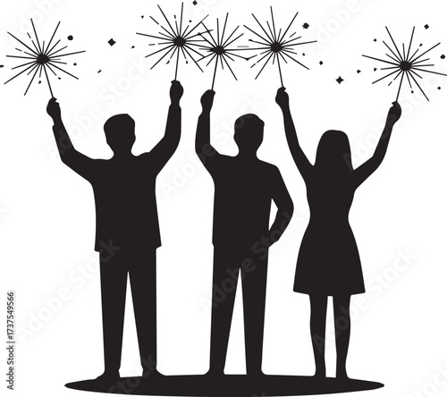 Joyful silhouettes celebrate new year's eve sparkler fireworks festive night party