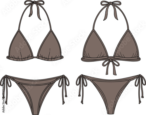 Bikini swimsuit vector illustration, front and back view, summer fashion, swimwear design template, beachwear mockup, lingerie style, clothing flat sketch, apparel
