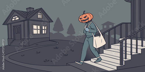 Spooky Neighbor: A whimsical illustration depicts a mysterious figure adorned with a jack-o'-lantern head. It walks down the stairs in front of a house during the quiet of the night.