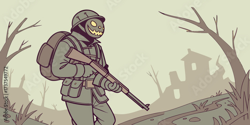 Soldier on a Wartorn Path: Depicts a stylized soldier, shouldering a rifle, navigating a desolate, war-ravaged landscape. This evocative illustration captures themes of resilience, hardship.