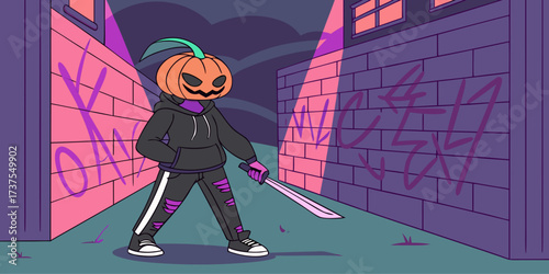 Halloween Graffiti: A stylized illustration showcasing a pumpkin-headed figure standing confidently in a narrow, graffiti-covered alleyway, illuminated by the eerie glow of Halloween night.
