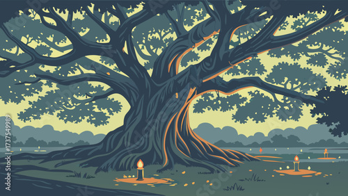 Majestic Ancient Tree with Glowing Candles at its Base, Evocative Digital Illustration of a Sacred Forest Landscape at Dusk, Serene Nature Scene
