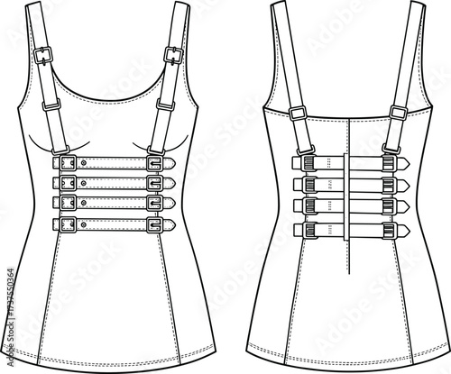 Fitted buckle strap top technical sketch, front and back view, sleeveless design, fashion flat, CAD drawing, vector illustration, garment construction