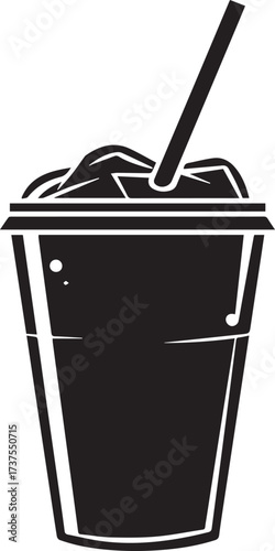 Black silhouette of a frozen drink with a straw, isolated on white background