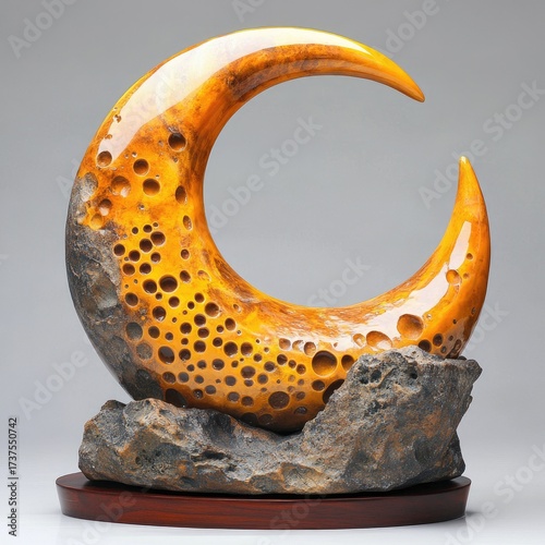 Crescent moon sculpture on rough rock base, smooth top